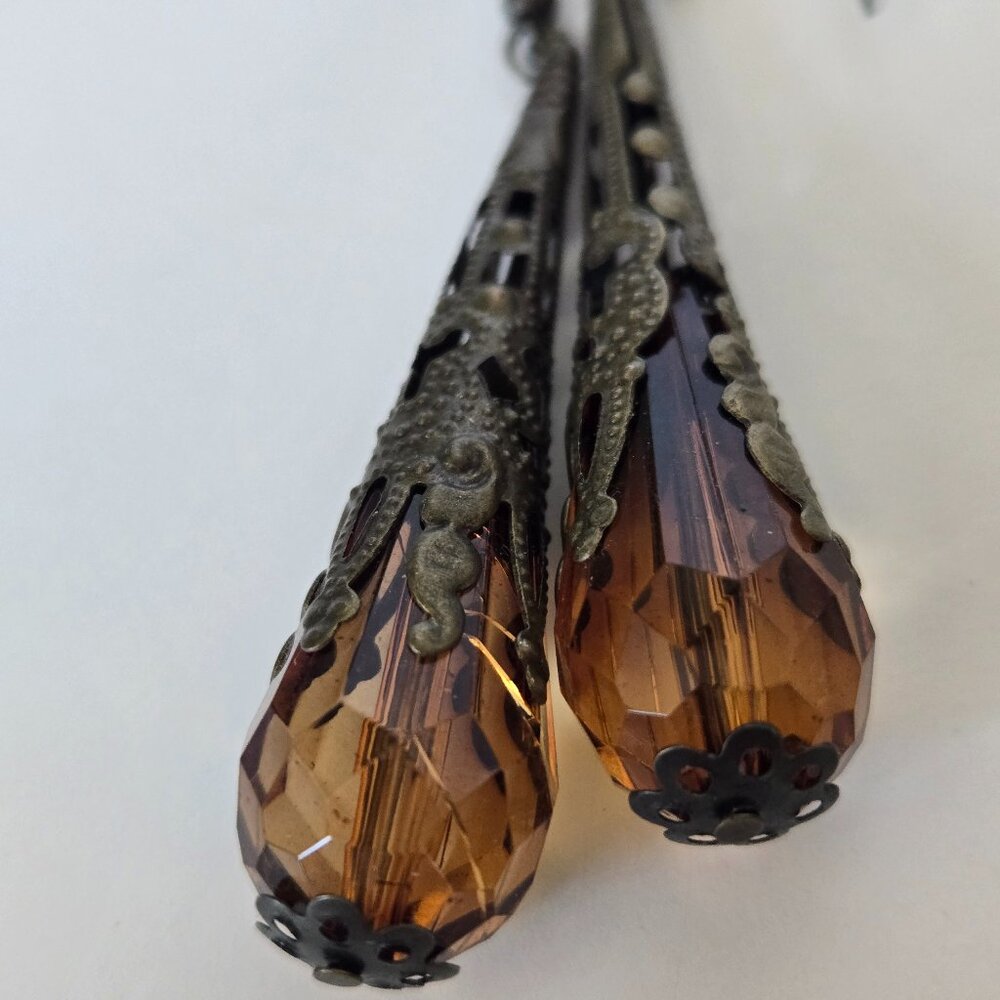 Antique Bronze Filigree Faceted Amber Drop Earrings